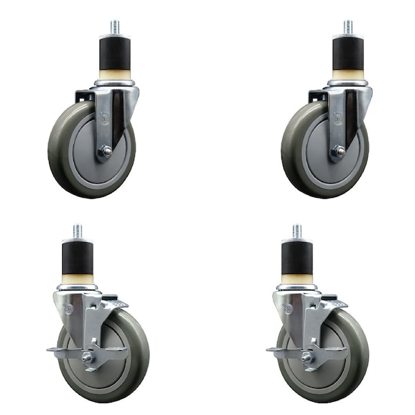 5'' Gray Poly Wheel Swivel 1-7/8'' Expanding Stem Caster Set 2 Brakes, 4PK